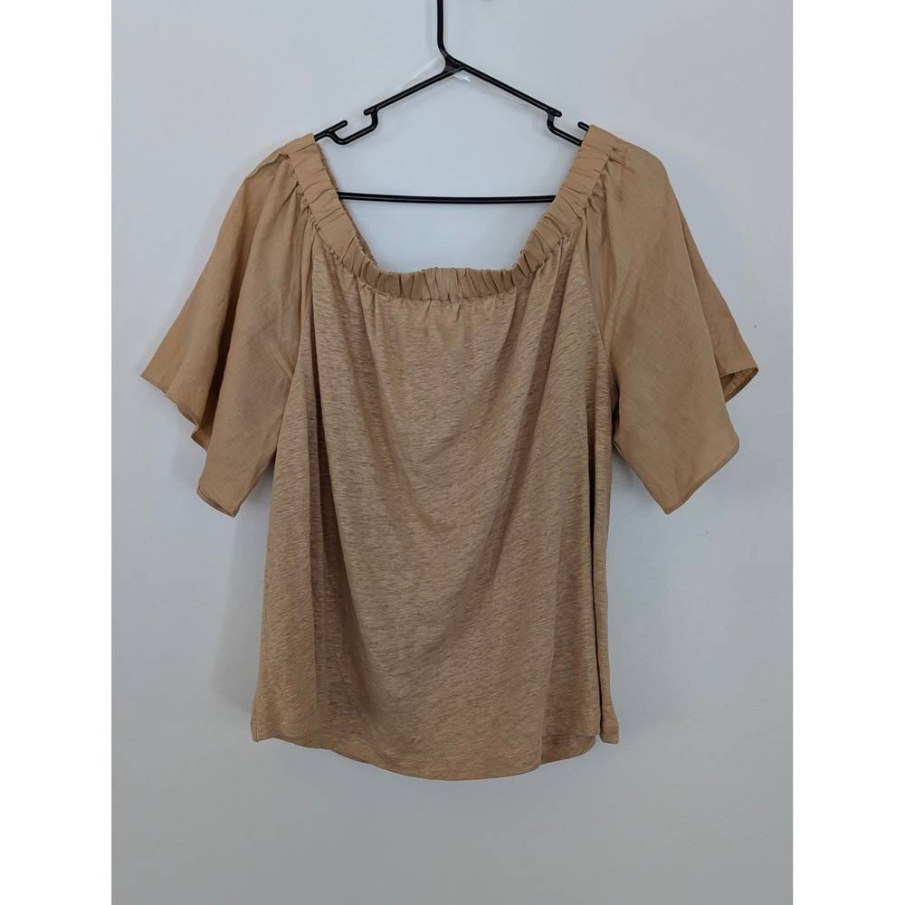 Chicos 100%‎ Linen Off Shoulder Flutter Sleeve Top Tan Brown Size 3 XL